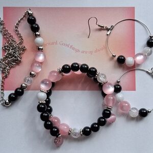 Handmade Pink & Black Beaded Necklace, Bracelet & Matching Earrings Set